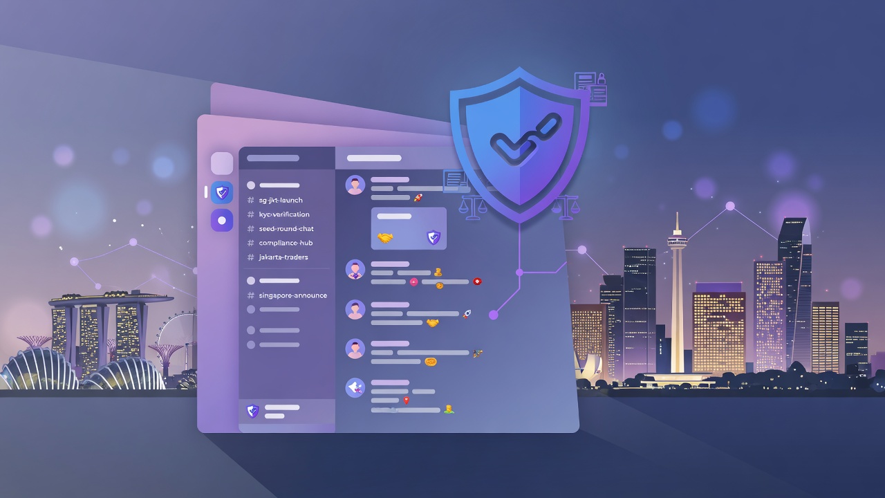 Illustration of a Discord-style community workspace with compliance shield motifs and a Southeast Asian city skyline