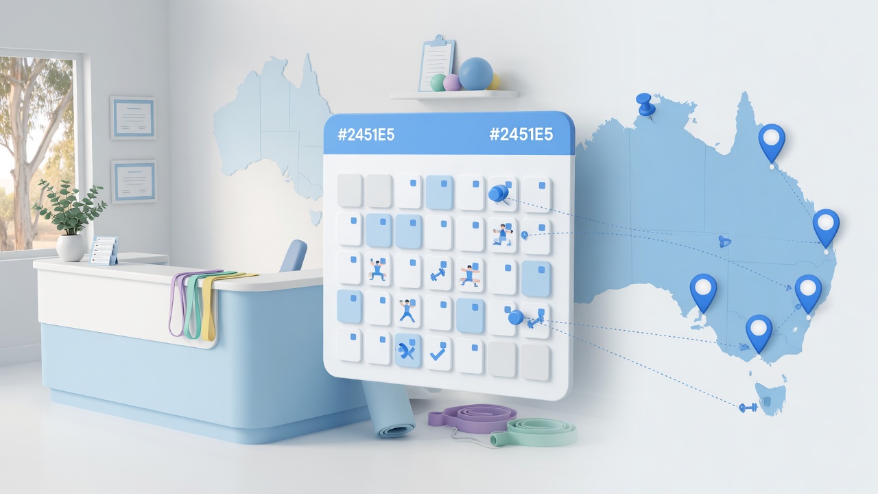Illustration of a multi-location physiotherapy clinic with a Google Business Profile posting calendar and map pins
