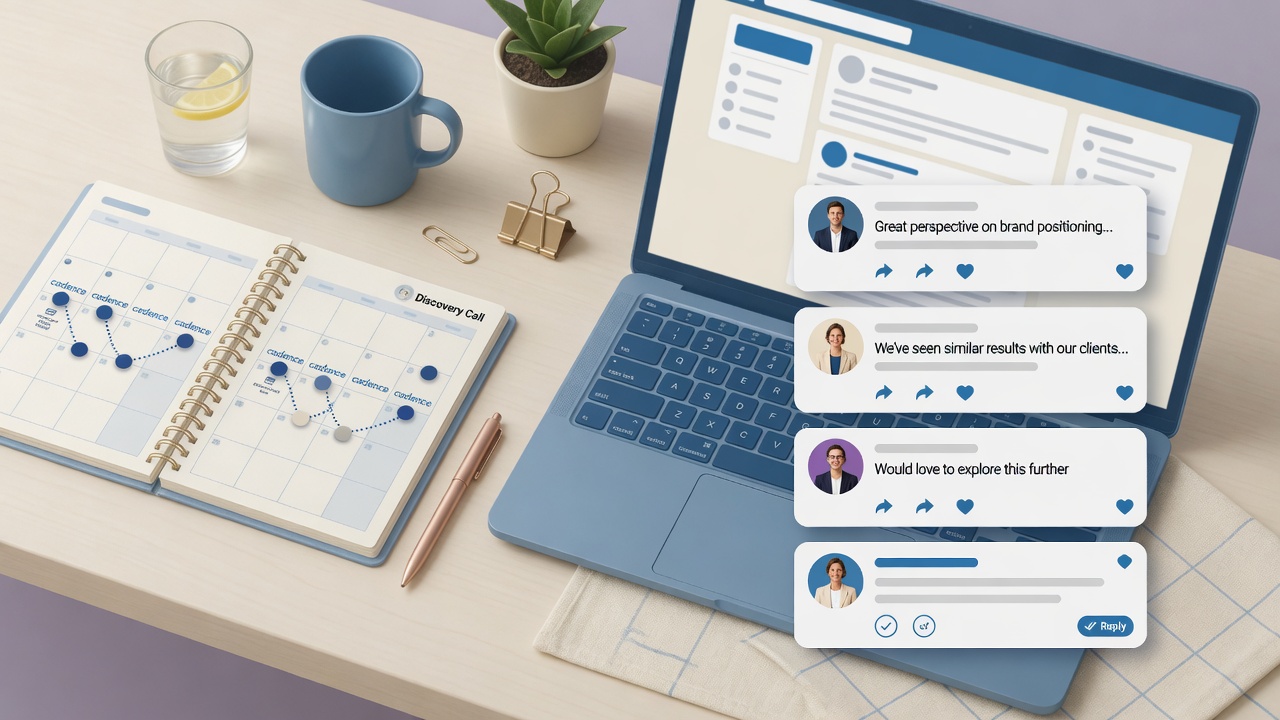 Illustration of a boutique branding studio desk with a LinkedIn commenting cadence and calendar motif