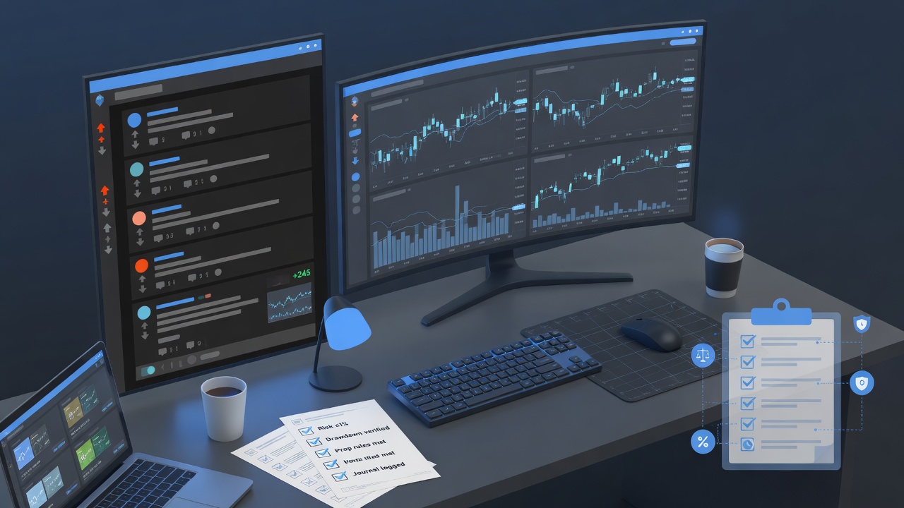 Illustration of a trader desk with charts and a community discussion motif for prop firm Reddit marketing